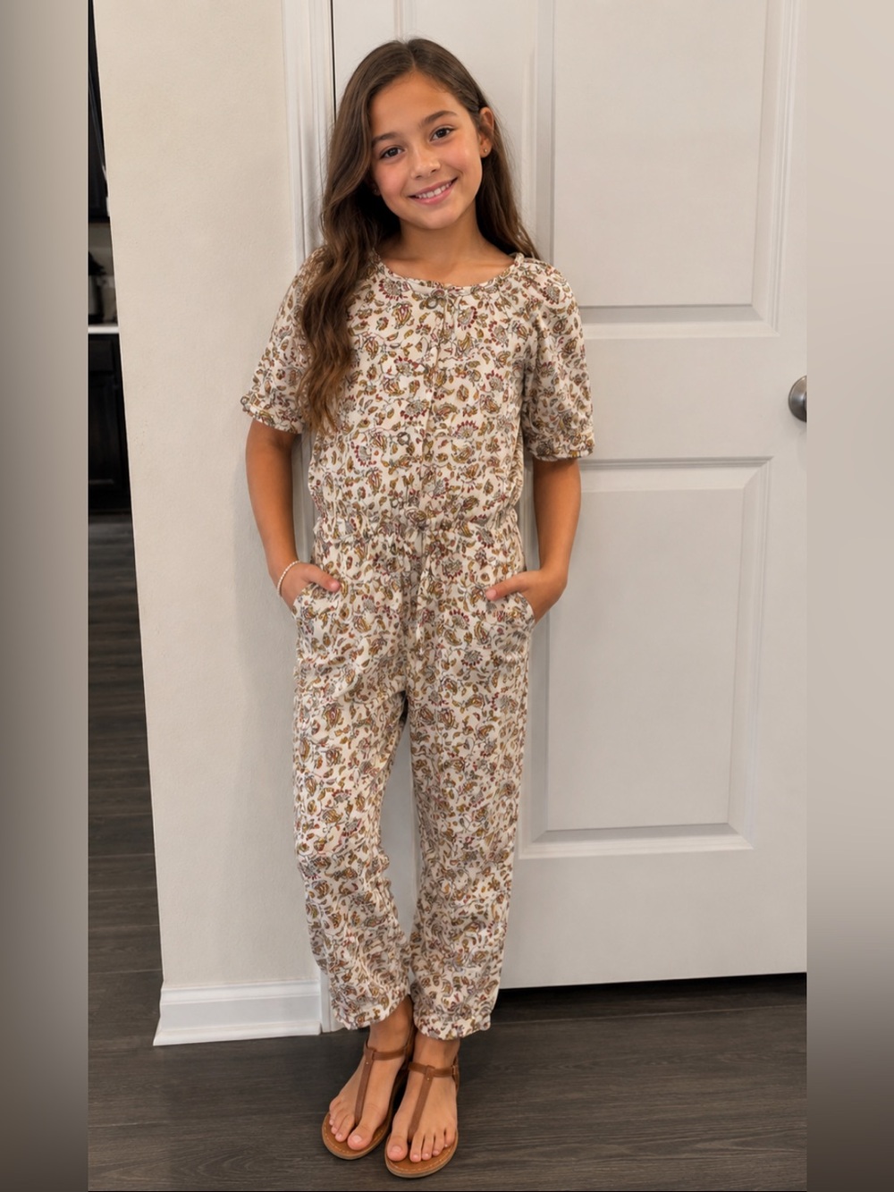 Zara Beige Floral One-Piece Jumpsuit
